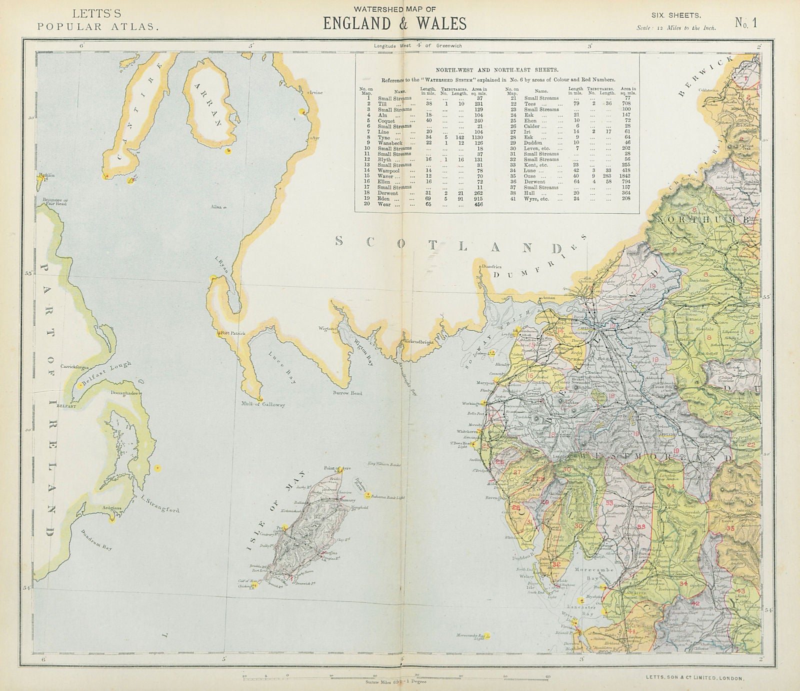 LAKE DISTRICT & ISLE OF MAN WATERSHEDS ^ Lighthouses. Cumbria. LETTS 1883 map